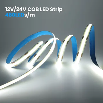 COB LED 스트립 조명 고밀도 선형 조명 RA 90 고휘도, 유연한 리본 테이프, 가정 주방 장식, 12V, 24V, 480LEDs/m