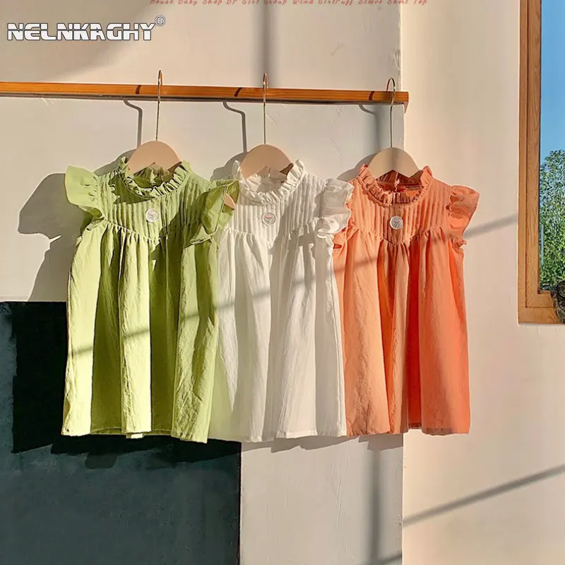 

2023 Summer New In Kids Baby Girls Fly Sleeve Embroidery Flower Pleat Knee-length Dresses Children Solid Color Dress Clothing