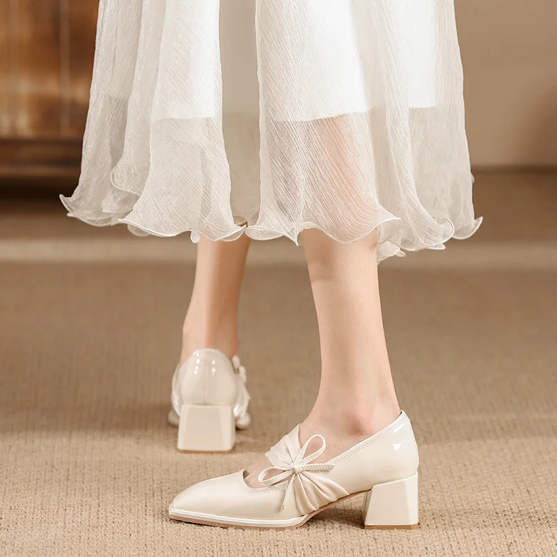 2023 Spring New Mary Jane Shoes High Heel Single Shoes Square Head Shallow Mouth Thick Heel Bow Patent Leather Shoe