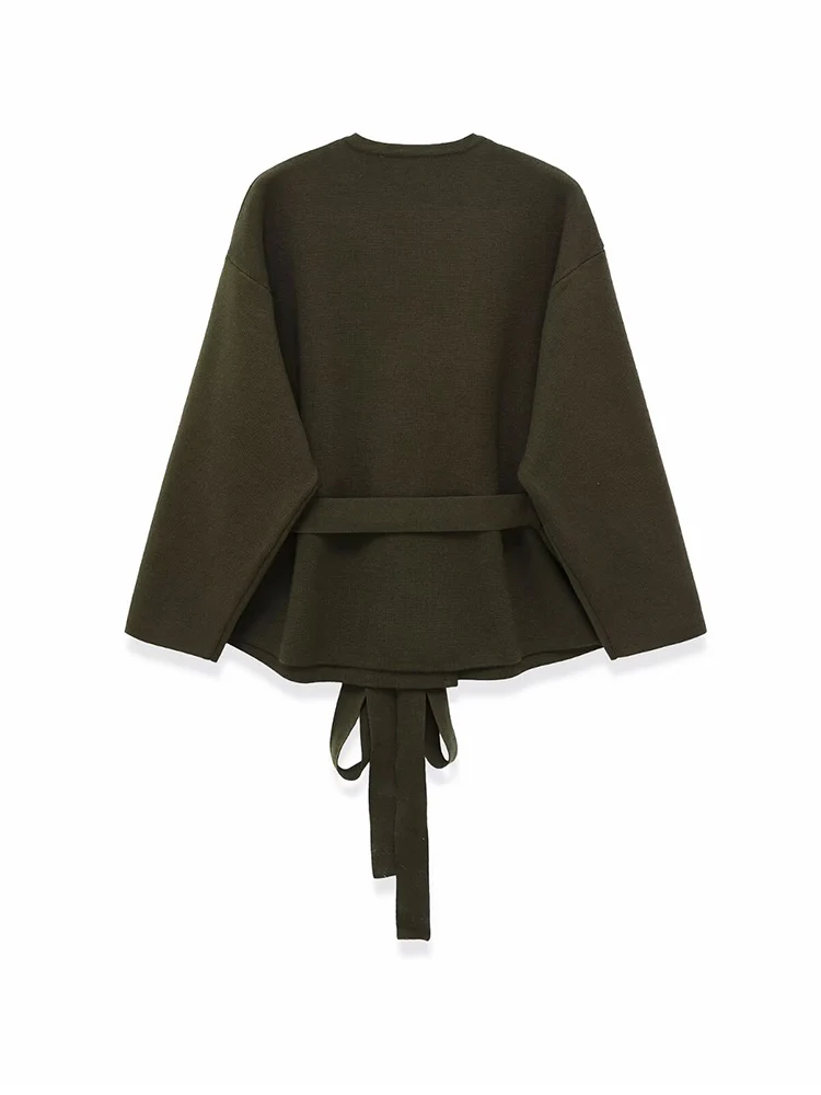 Elegant Women Round Collar Knitted Coat Solid Full Sleeve Single Breasted Lace Up Coats Female Autumn Fashion Sweater Outwears