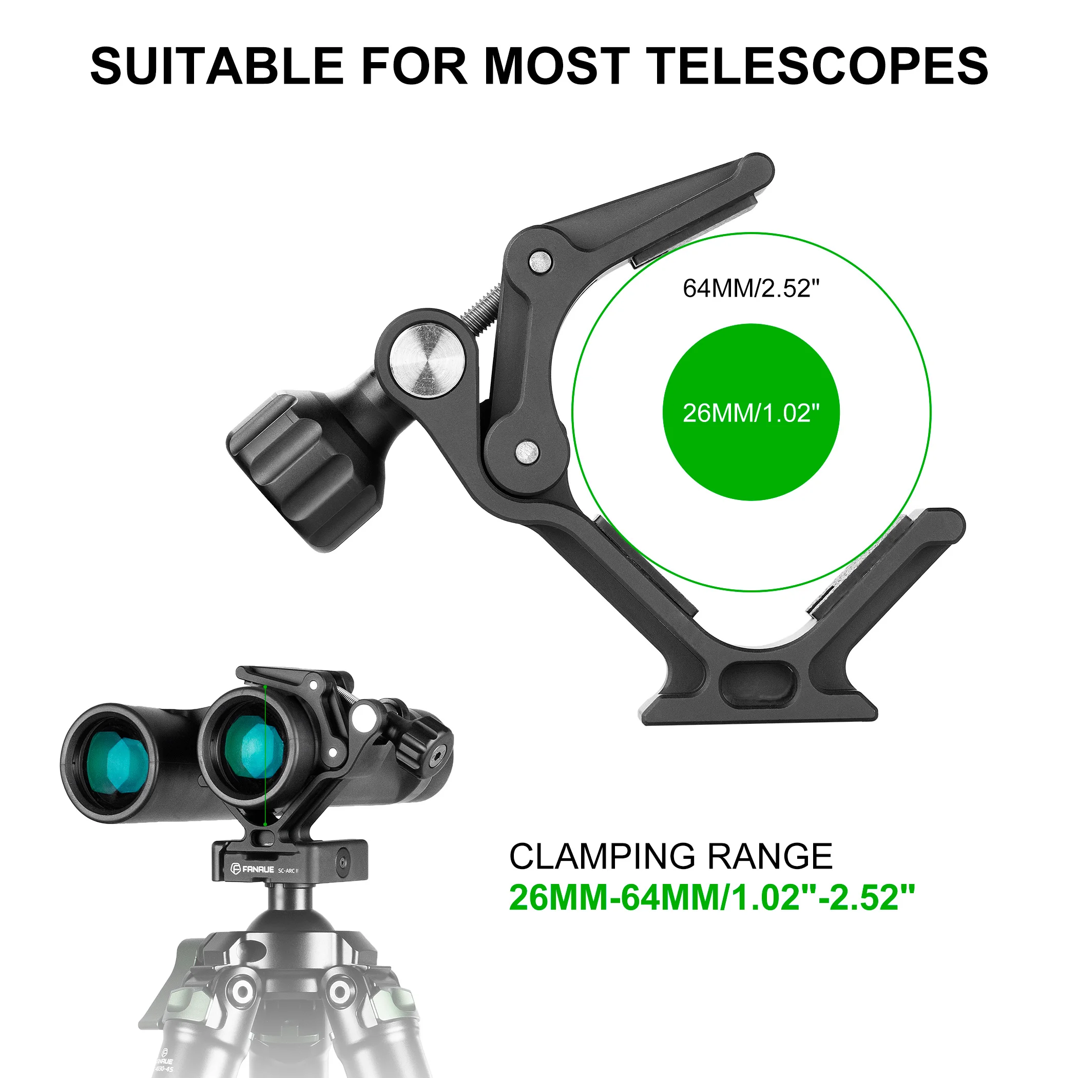 Binocular Tripod Mount Adapter FANAUE Compatible with 26-64mm telescope diameter with 1/4" & 3/8" Screw for ARCA Quick Release camera tripod adapter,tripod adapter mount