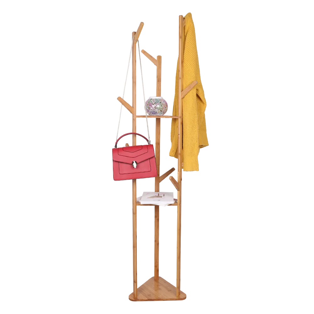 Bamboo Coat Rack Tree Cloth Hanger 9 Hooks 3-Layer Shelf Stand Hallway Living Room for Hat,Clothes,Scarves,Handbags,Umbrella