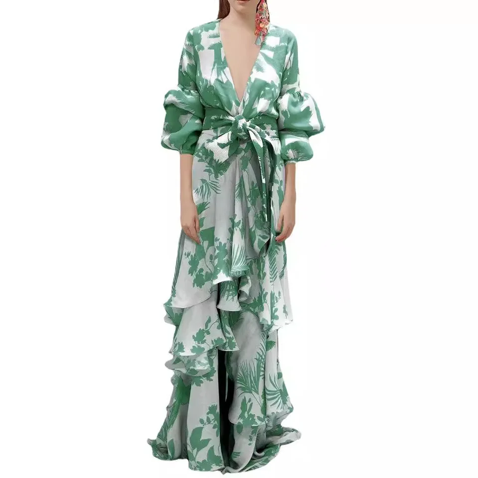 Mujeres Señora Gasa Primavera Vestidos Largos Estampado Floral Camisa Cuello Manga Larga Botón Nueva Moda Elegante Señora Vestido Casual