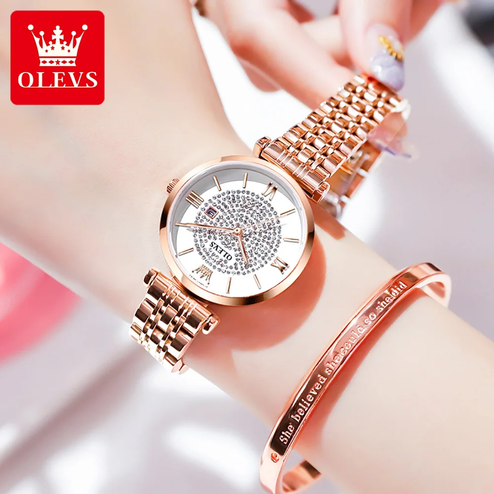 OLEVS Quartz Watch for Women Luxury Stainless Steel Waterproof Calendar Dial Fashion Elegant Ladies Wristwatch Gift Reloj Mujer