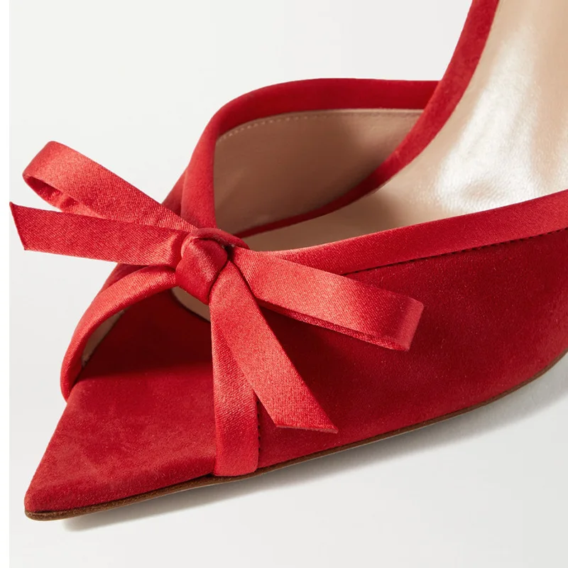 Summer Sweet Red Black Velvet Slippers Silk Butterfly-knot Sandals Pointed Thin High Heels Peep Toe Women Shoes Pumps Big Size 6
