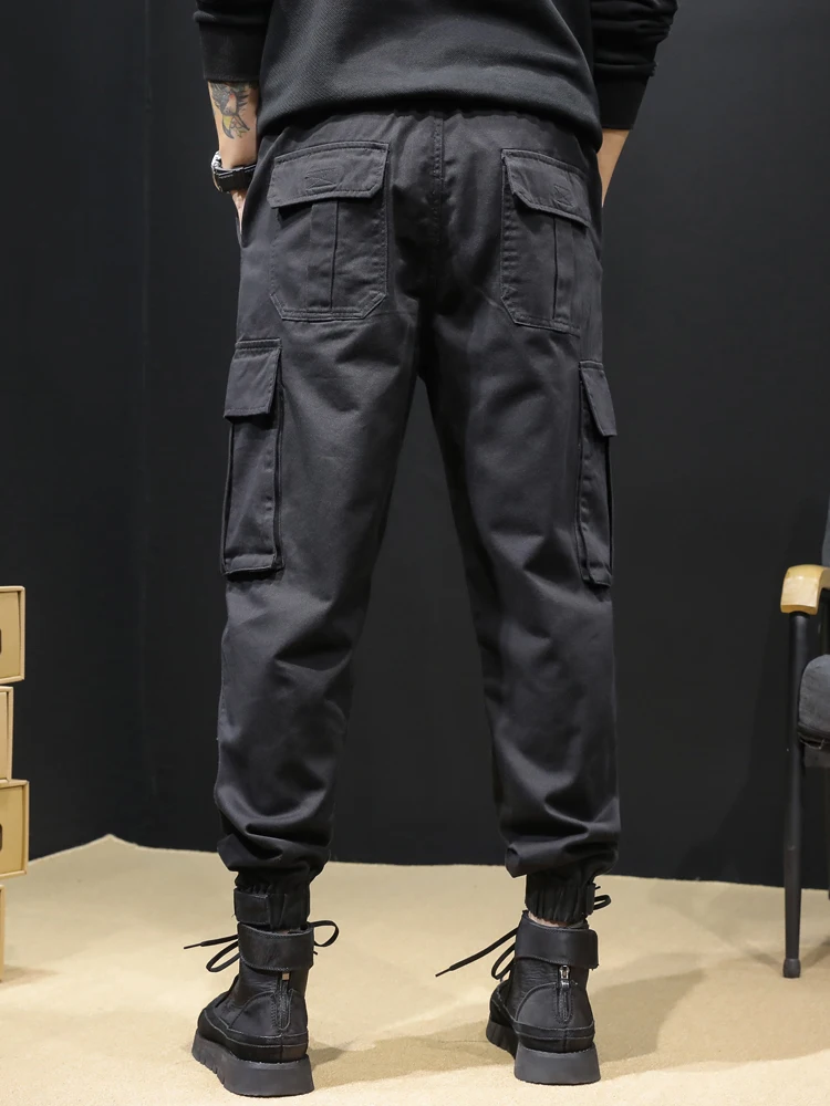 Casual Pants Men's Autumn and Winter Warm Slim-Fitting Ankle-Tied Pocket Decoration Trendy RetroAmerican SolidColor All-Matching