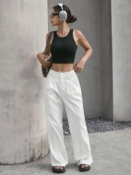 Pantaloni a figura intera stampati a righe da donna 2025 Primavera Autunno Vita alta Moda Casual Y2k Pantaloni larghi a gamba larga streetwear 1