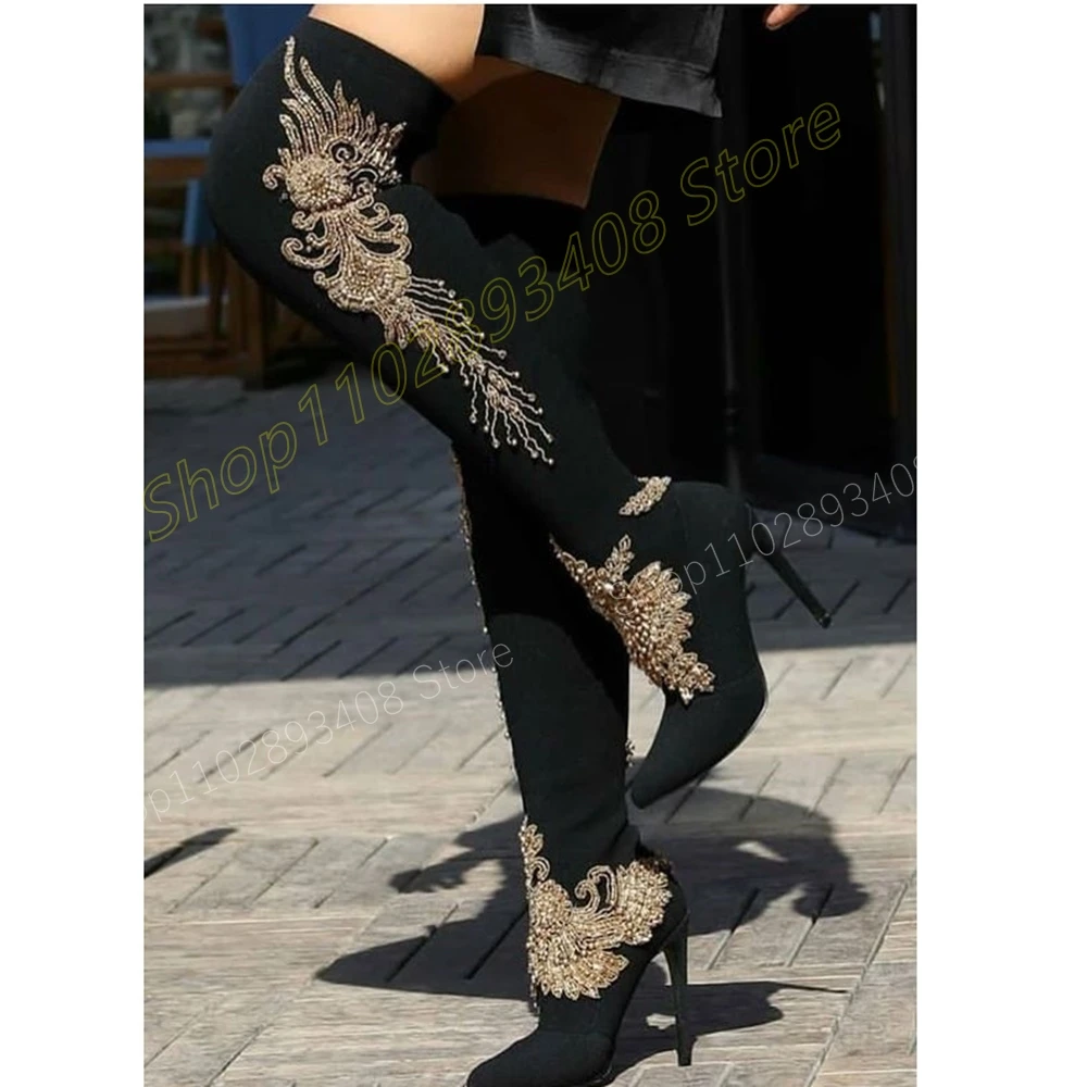 Gold Crystal Pattern Over the Knee Boots Suede Stiletto High Heel Chinese Style Fashion Women Shoes 2024 Zapatos Para Mujere