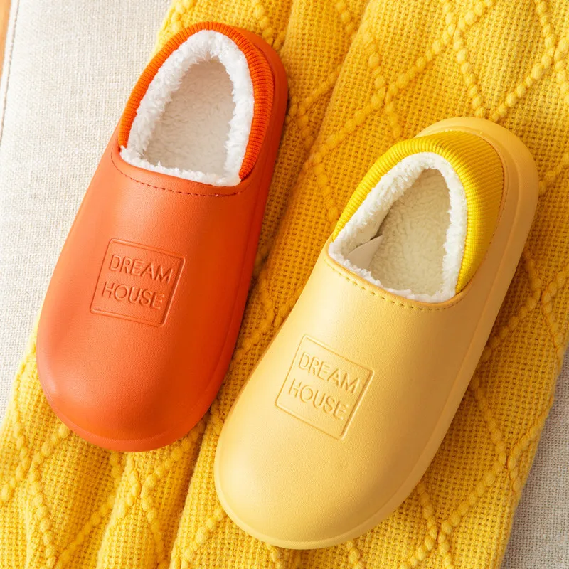 Slippers Home Winter Indoor Warm Shoes Thick Bottom Plush Waterproof Leather House Slippers women and men Cotton Shoes 2023 New