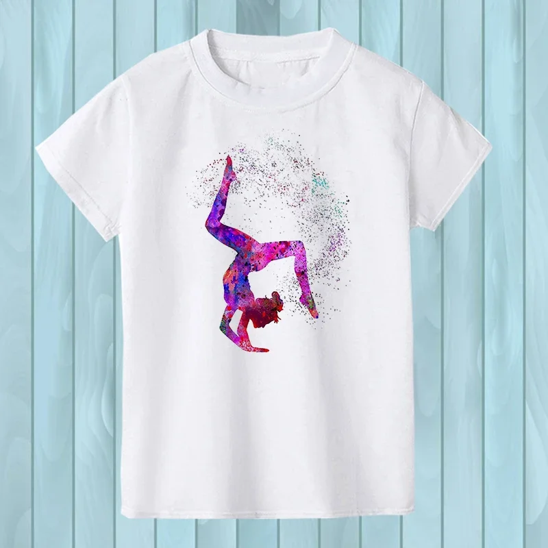 Gymnast Dancer T-Shirt Femme Watercolor Rainbow Gymnastics Art Tshirt Girls Summer Kids Tees Shirt Tops Child Streetwear Hipster