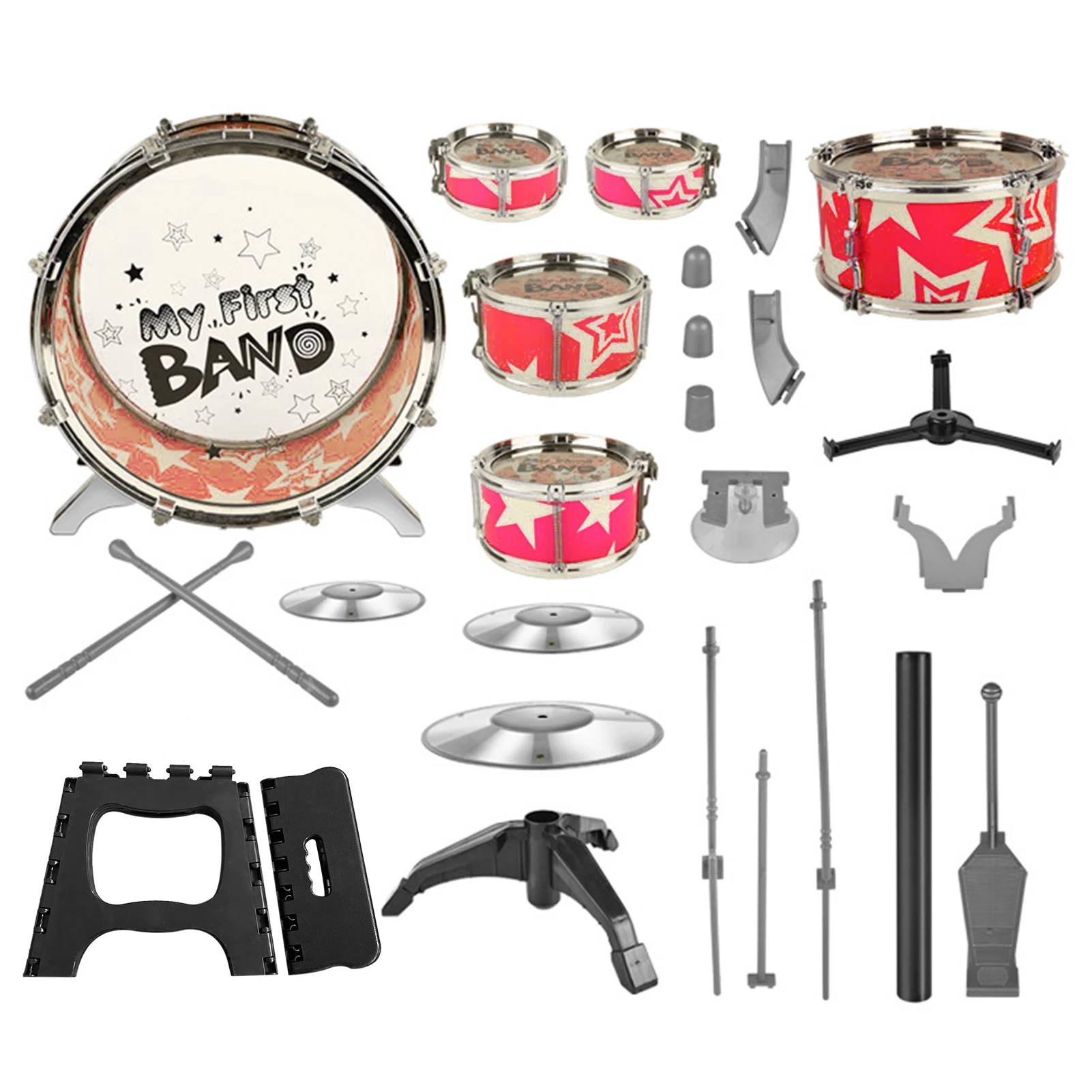 

6-Piece Kids Drum Set Drum Kit Jazz Drum Set with Folding Step Stool Cymbal Pedal Drumsticks Percussion Musical Instrument