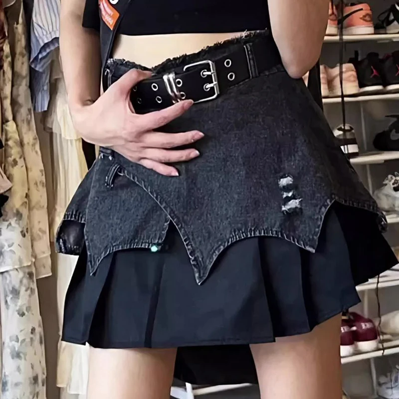 Retro patchwork design with a touch of raw edge denim skirt for women's summer sexy hot girl high waisted skirt jumpsuit women 2023 summer fashion ruffled fringed raw edge casual turn down colla short sleeved pocket design denim jumpsuit