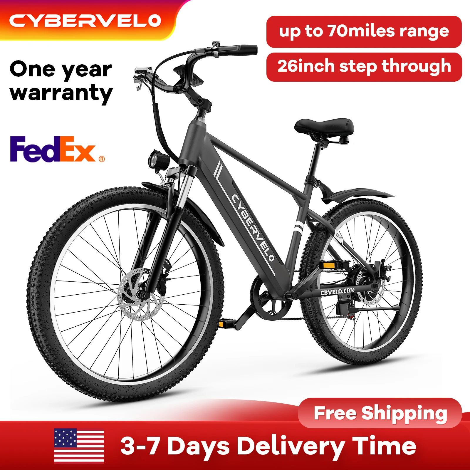 Cybervelo EK3 1000W Peak Electric Bike for Adults, 26" City travel bike, built-in 48V battery, 7-Speed shift city commute E-Bike