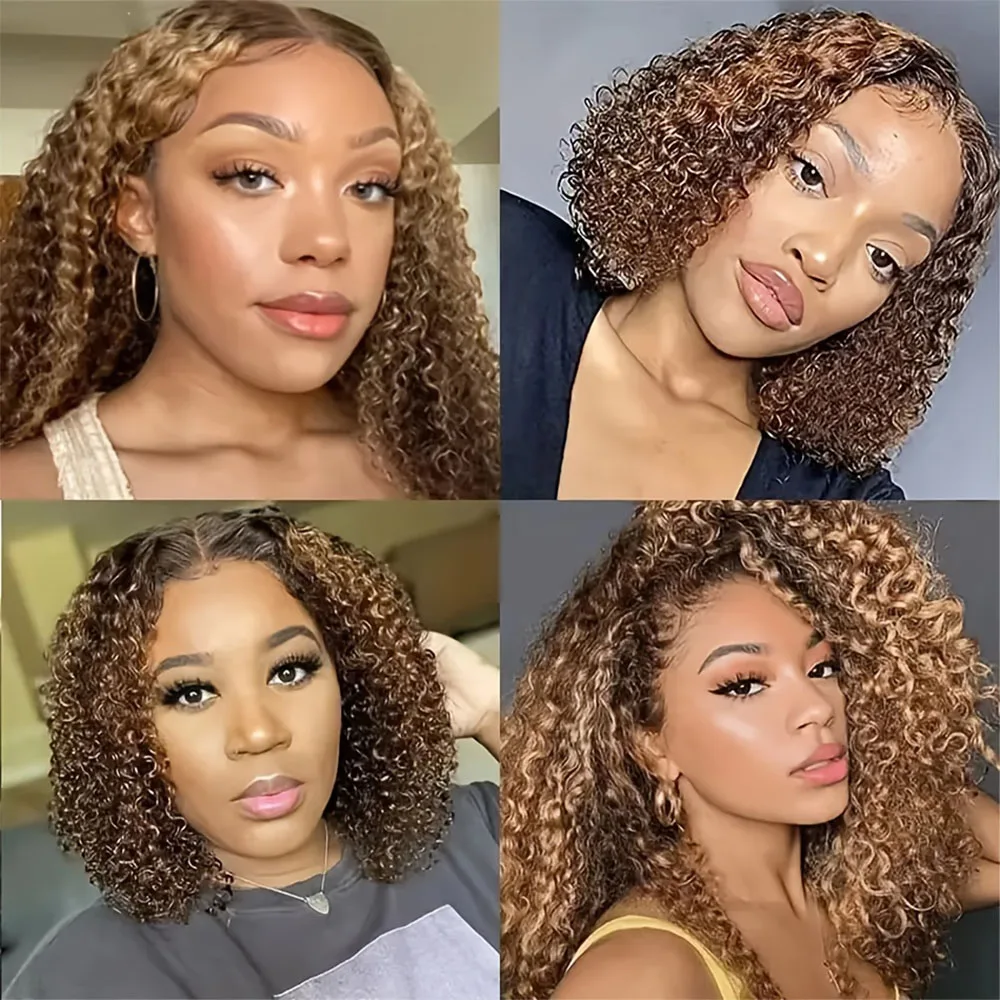 Deep Wave Highlight Ombre Lace Front Wigs Human Hair Bob 5x5 HD Transparent Lace Frontal Wigs P4/27 Deep Curly Wigs For Women
