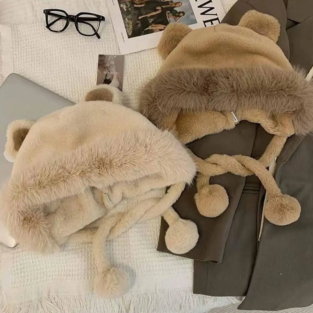 

Women Plush Hat with Cute Bear Ears Soft Fuzzy Lace-up Windproof Thick Warm Hat Autumn Winter Outdoor Girls Ear Protection Cap