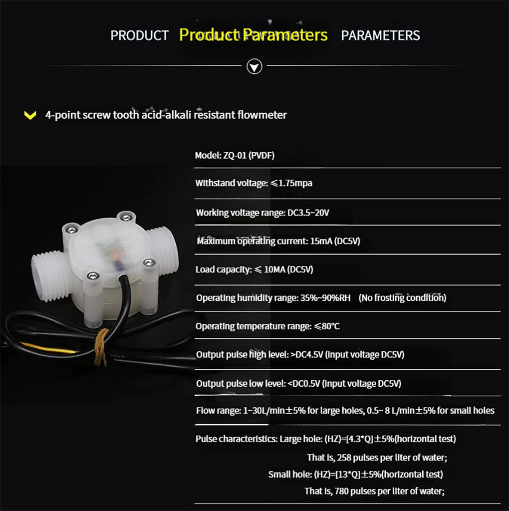 G1/2 Water Flow Sensor PVDF Material Hall Flowmeter Acid and Alkali Resistant Co
