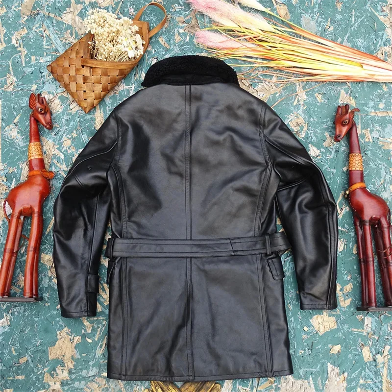 Description Picture 3 of itemFree shipping.Leather Coat with Shearling Collar.Winter warm thick Japanese cowhide jacket.Men long leather Business trench coat