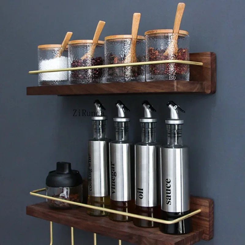 Kitchen Spice Bottle Storage Wooden Rack Multifunctional Wall Hanging Rack Kitchen Solid Brass Hook Bathroom Storage Towel