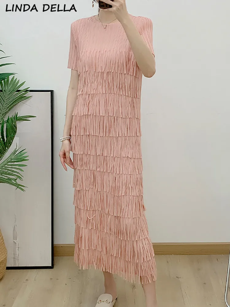 

Женское плиссированное платье LINDA DELLA, розовое винтажное свободное платье с круглым вырезом и коротким рукавом, длинное платье с каскадной бахромой, лето