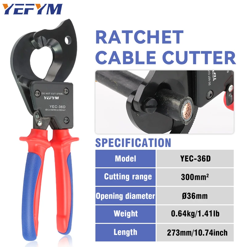 Ratcheting Cable Cutters Wire Pliers YEC-36D Heavy Duty Wire Cutters For Multi-Strand Aluminum & Copper Cables up to 240mm&sup2;