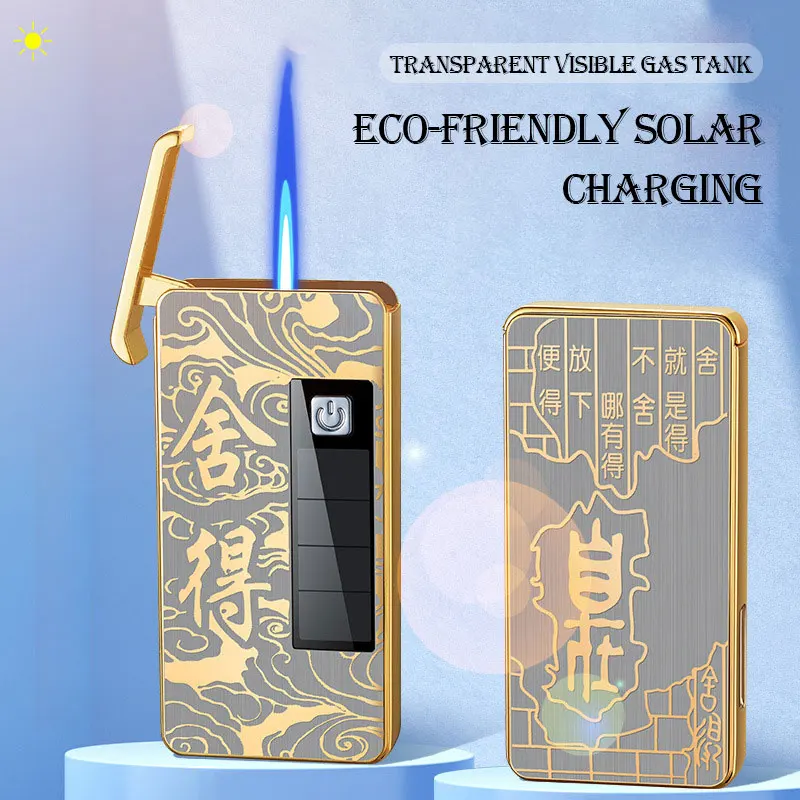 

New Solar Charging Metal Jet Flame Gas Lighter Creative Personality Wind Proof Inflatable Electronic Lighter Smoking Men's Gift
