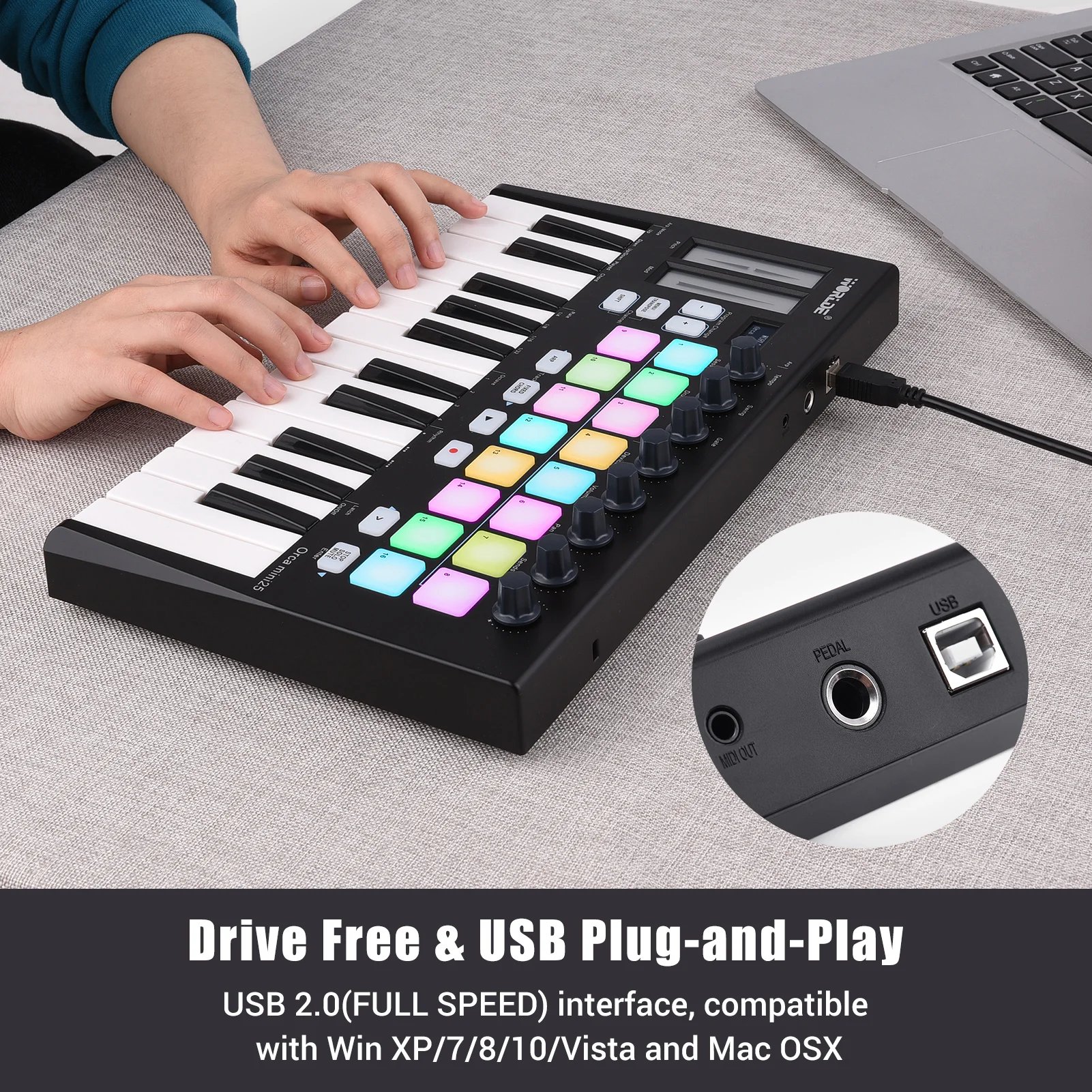 WORLDE Panda mini 25-Key USB MIDI Keyboard Controller Piano 8 RGB Backlit Trigger Pads Music