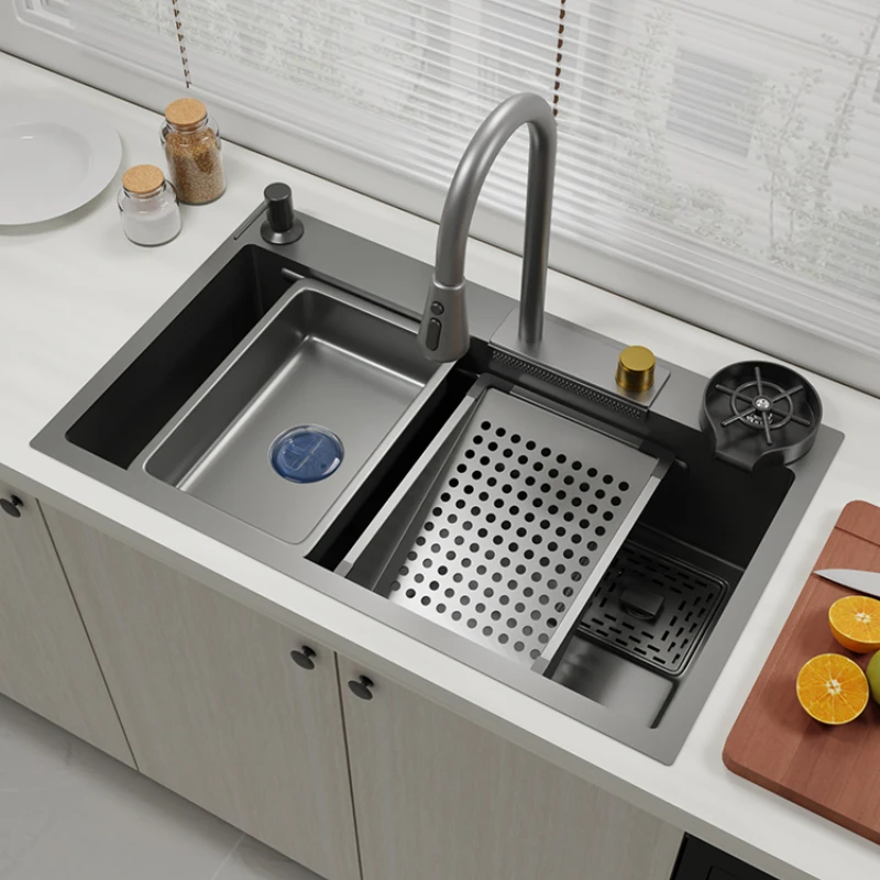 

Gun Grey Raindance Waterfall Faucet Sink 304 Stainless Steel Dishwashing Kitchen Nano Wash Vegetable Basin