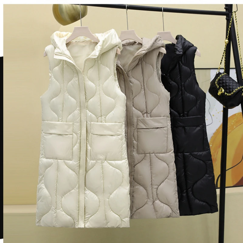 Autumn Winter Hooded Long Vest Women Sleeveless Cardigan Windproof Thick Warm Waistcoat Slim Pockets Zipper Solid Korean Jacket