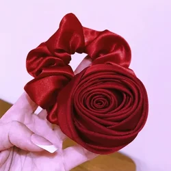 French Style Retro Rose Satin Hair Scrunchie - Artistic Glossy Floral Hair Accessory (TH32 - wine red)