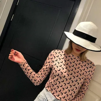 Sun Protection Base Layer Long Sleeve T Shirt Women Moon Print Korean Fashion Casual Slim Fit Spring Summer 1