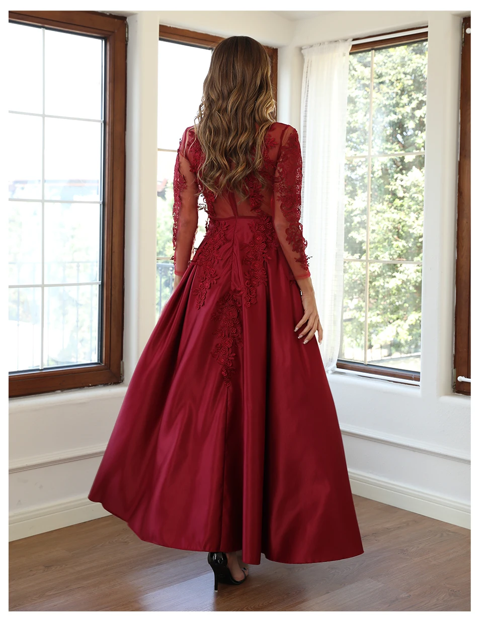 PLEINDI Vintage Evening Dresses Party Women Dress Wedding Long Sleeve O-Neck 2022 New Elegant Lace Corduroy Burgundy Red Prom