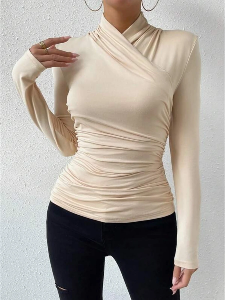 Bornladies Autumn New Women's Design Cross Collar Slim Fit Long Sleeved Office Lady Stylish Top Versatile Fashionable T-shirt