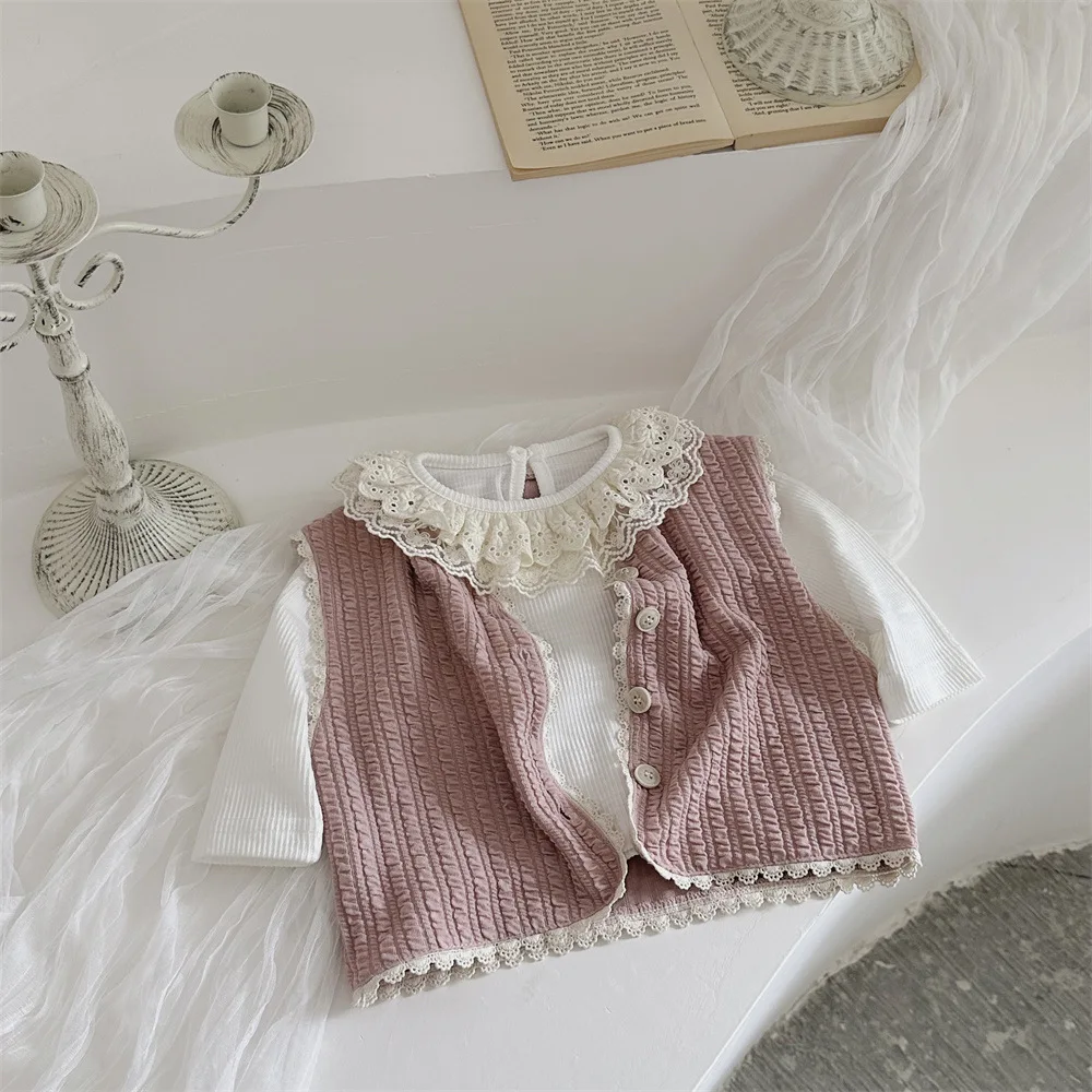 Description Picture 3 of item2025 Autumn New Baby Girl Sleeveless Vest Newborn Infant Cotton Cardigan Toddler Lace Vest Coat Baby Solid Clothes 0-24M