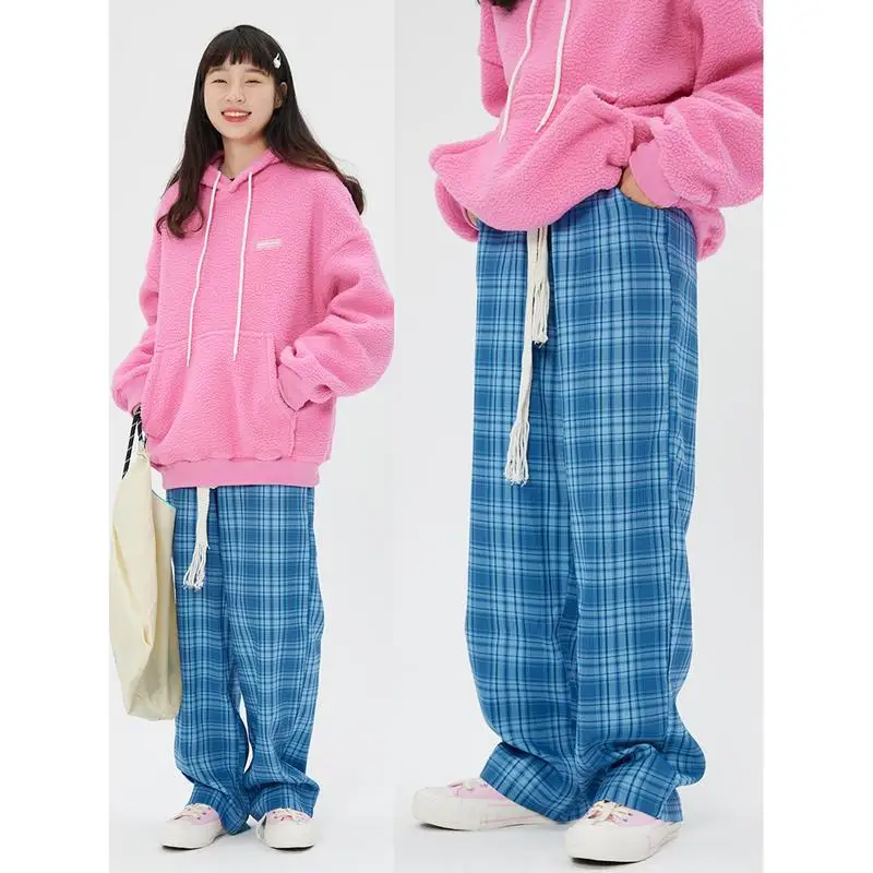 

2022 винтажные клетчатые спортивные брюки с завязкой и высокой талией мешковатые брюки для студенток кавайная Одежда для девочек Повседневная Уличная одежда корейская мода