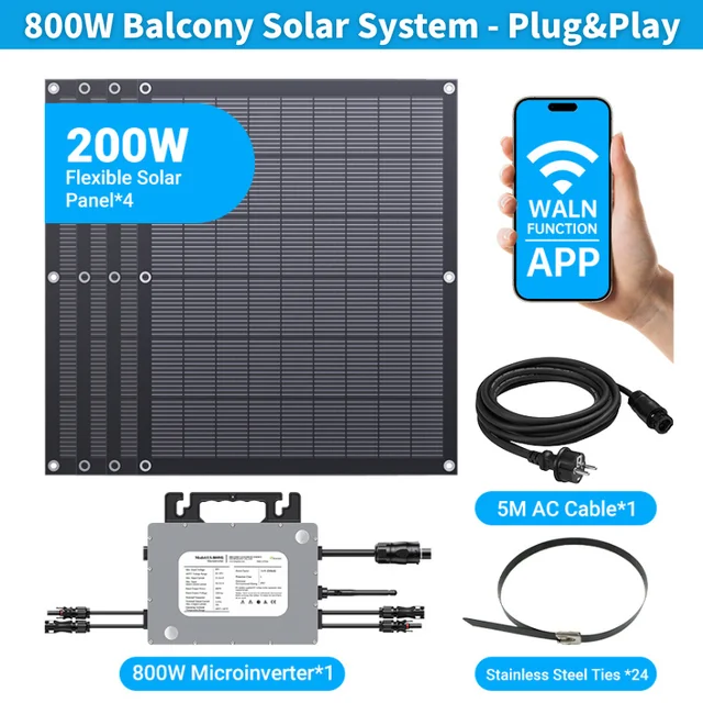 Système solaire de balcon Plug&Play 800W avec micro-onduleur et 4 panneaux solaires flexibles de 200W, installation facile, tout en un, livré en carton 1