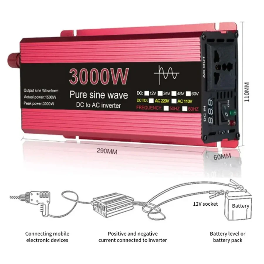 Sine Wave Inverter Pure DC 12V/24V To AC 110V/220V 1000W 1600W 2000W 2200W Portable Power Bank Converter Solar