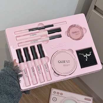 QIBEST Set trucco fotocamera rosa Rossetto Polvere pressata Fard Fango labbra Eyeliner Mascara Penna per sopracciglia Confezione regalo di bellezza Kit cosmetici