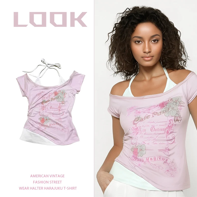 Vintage Retro Grunge Flower Print Crop Top - Y2K Summer Fashion Streetwear Halter Tee
