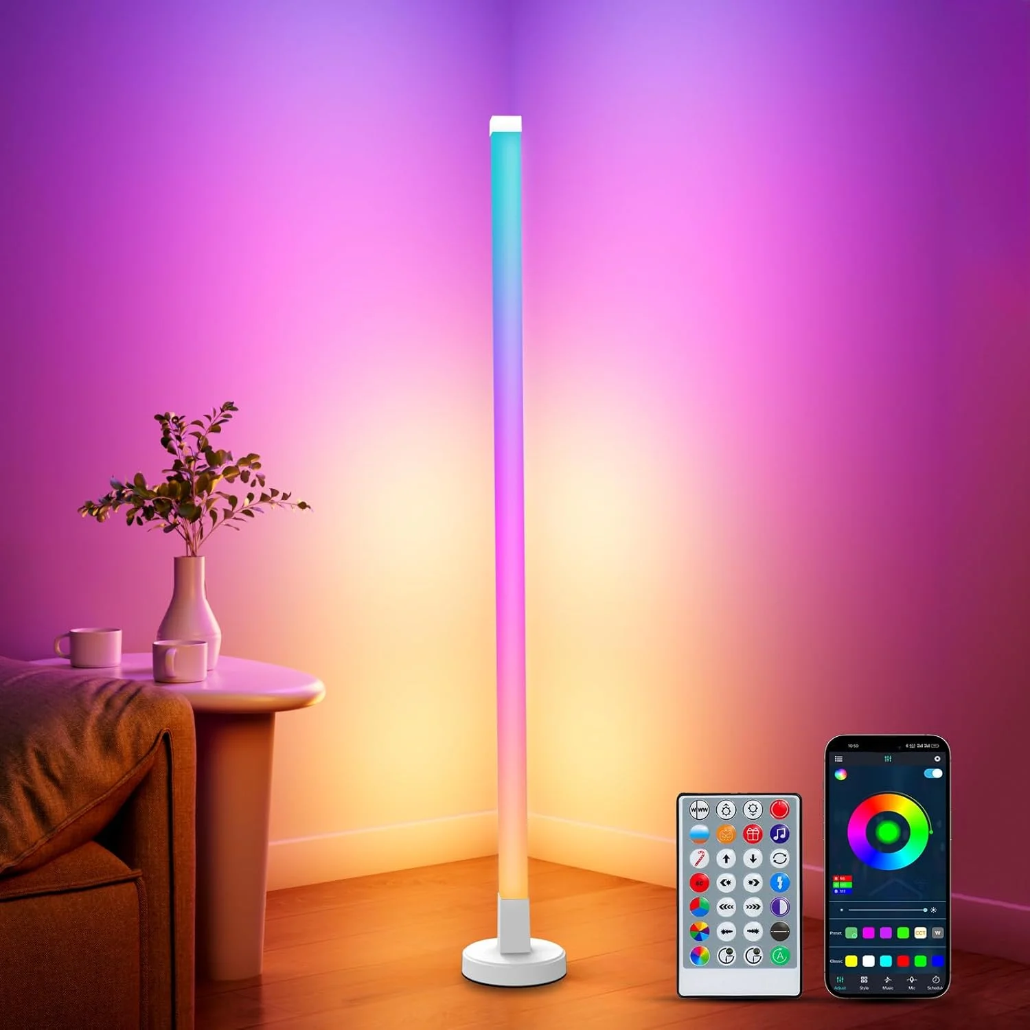 155cm Smart Corner Floor Lamp Dimmable APP Control RGB LED Modern Mood Lighting Stand Lights for Bedroom Gaming Living Room