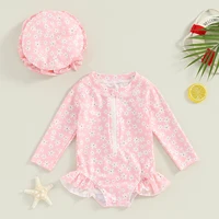 Toddler Girls Rash Guard Swimsuit 2pcs Bathing Suit + Sun Hat Set Infant Long Sleeve Floral Print Ruffles Swimwear with Swim Cap 2