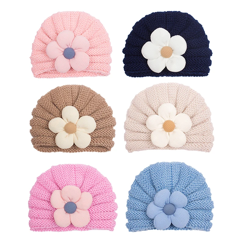 

Baby Knitted Flower Turban India Hat Crochet Solid Beanie Cap For Warm Winter Baby Girl Headwear Baby Hair Accessories