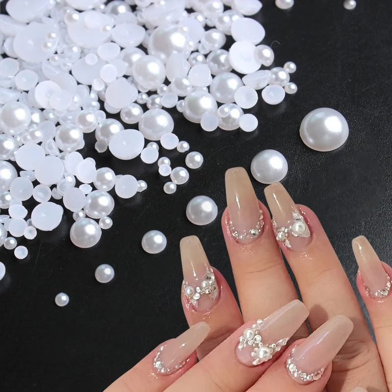 50/100/200Pcs Grey Pink Pearl Shape Nail Art Decorations 3D Flat Back Nail Charms For Art Flatback Beads DIY Nail Accessories 3
