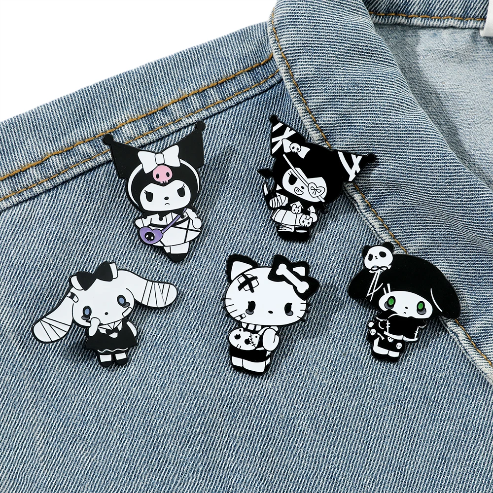 

Dark Style Sanrio Enamel Pins Hello Kitty Kuromi Melody Cinnamoroll Brooches for Halloween Gifts Fashion Accessories