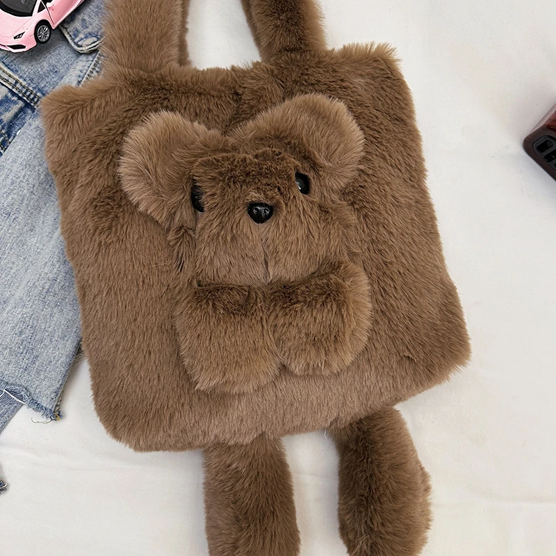 Süße Bär Flauschige Plüsch Umhängetaschen für Frauen Designer Flauschige Kunstpelz Dame Handtaschen Top Griff Tote Weibliche Winter Geldbörsen – Detail 18
