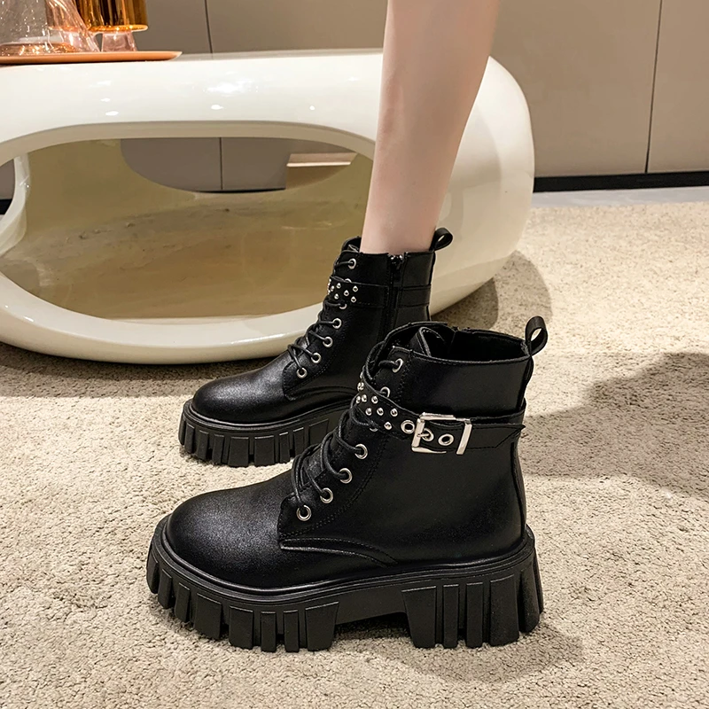 Ladies Shoes 2023 Fashion Ankle Women's Boots Platform Boots Women Rivet Belt Buckle Lace Up Side Zip Round Toe Ladies Shoes