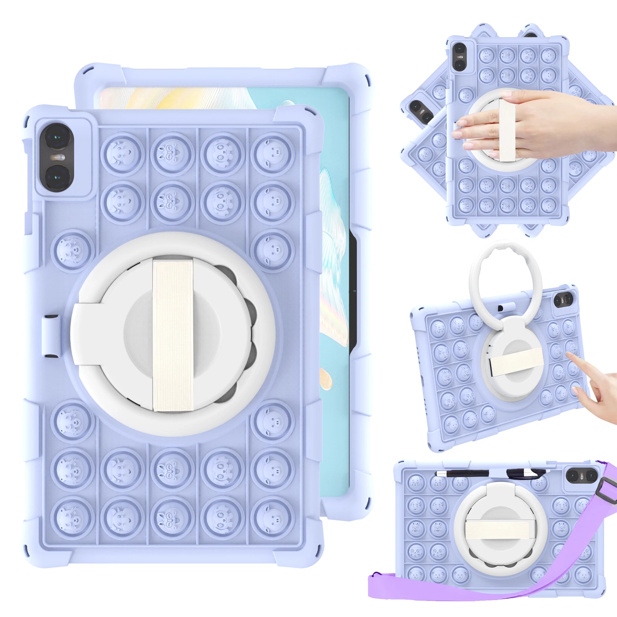 Kids Shockproof Silicone Cartoon Case with Decompression Bubbles, Shoulder Strap & Pen Holder
