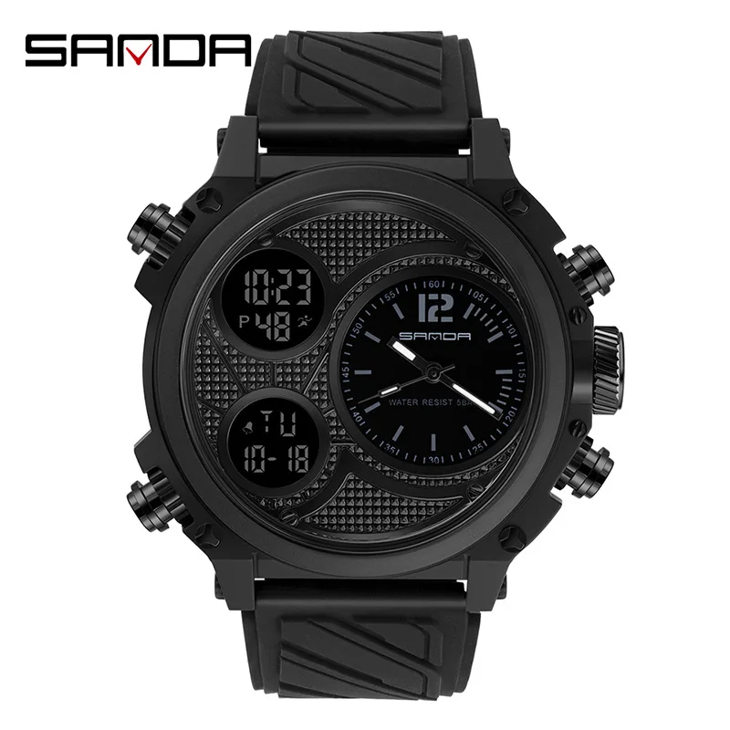 

SANDA 3002 LED Digital Sport Watches 50m Waterproof Electronic Wristwatch Three Time Display Quartz Watch for Men Alarm Clock