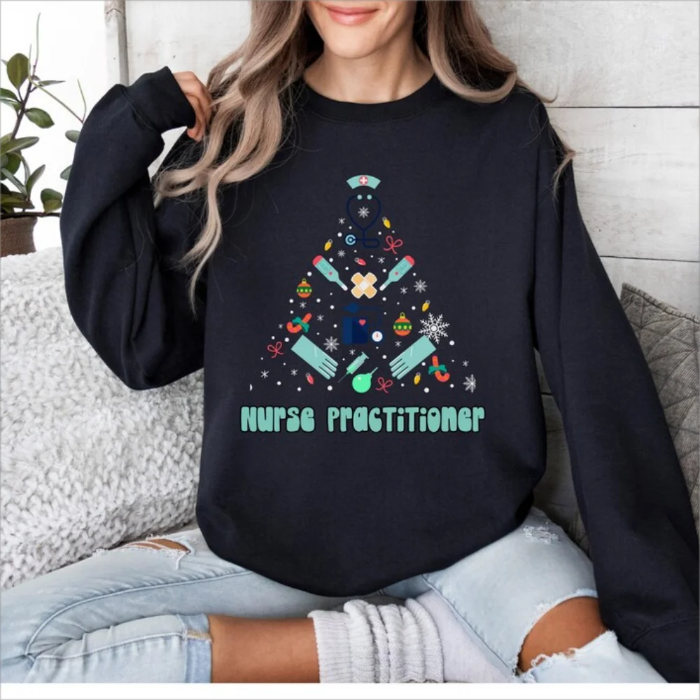 Women's Nurse Practice Christmas Sweatshirt, Crewneck Long Sleeve Casual Autumn Pullover circular new sequin crocodile clip amazon gift glitter doctor nurse roll sleeve badge easy to pull button easy to pull