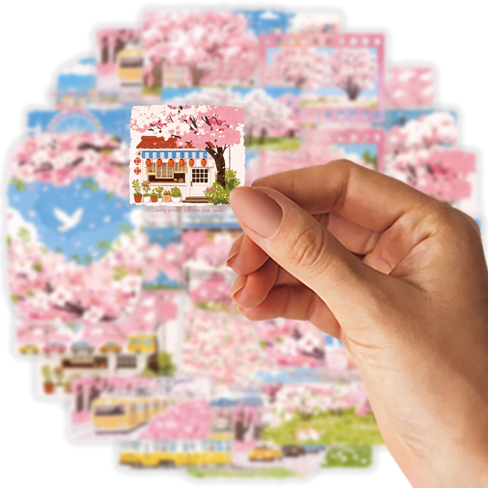 Etori Life 30Pcs 힐링 스프링 벚꽃 스티커 일본 도시 풍경 저널 장식 재료 노트북, 여행 가방, 물병, 사진 앨범, 스케이트보드, 사무실 장식 액세서리, 수제 스크랩북 용품, 방 장식, DIY 공