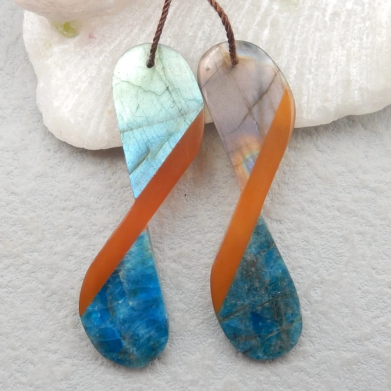 

Natural gemstone Jewelry accessories Labradorite,Blue Apatite Crystal With Red Agate Earrings beads 50x14x4mm10.8g